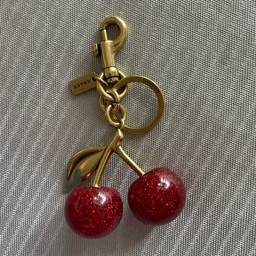 Coach Gold-Tone Keyring with Red Glitter Cherry Charm